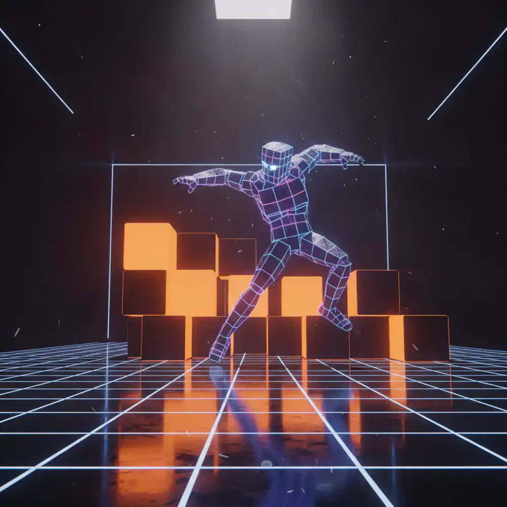 Personaje de DodgeBlock esquivando bloques naranjas brillantes