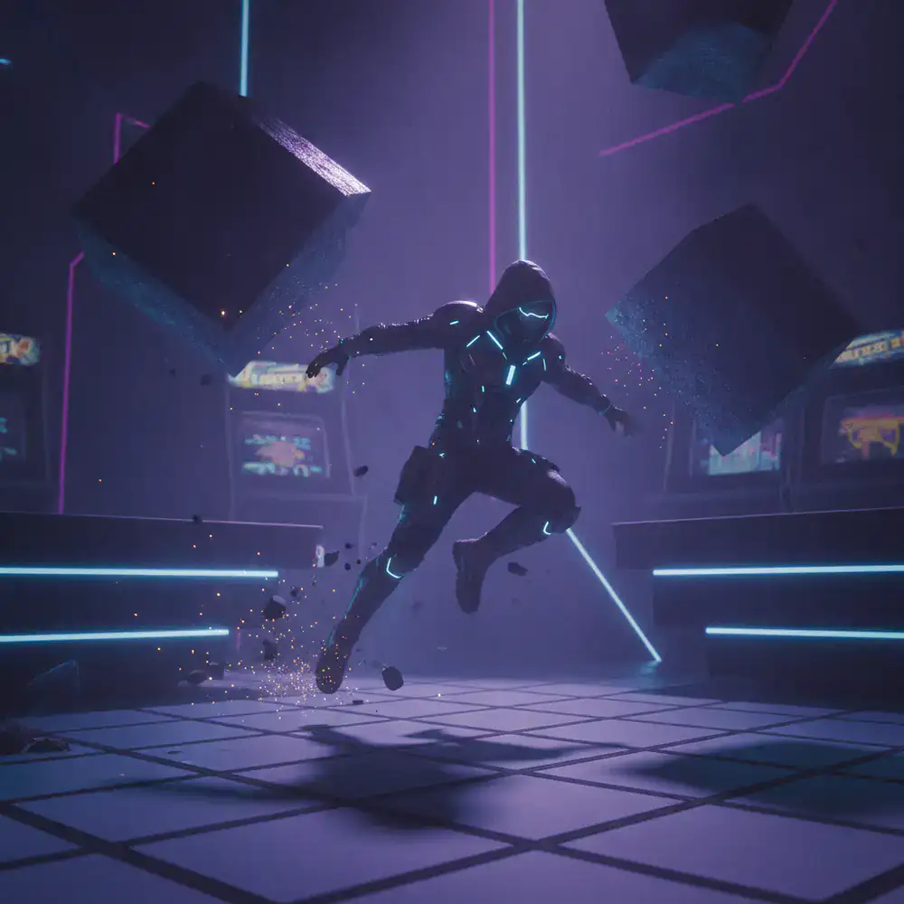 Personaje esquivando bloques que caen en un entorno arcade